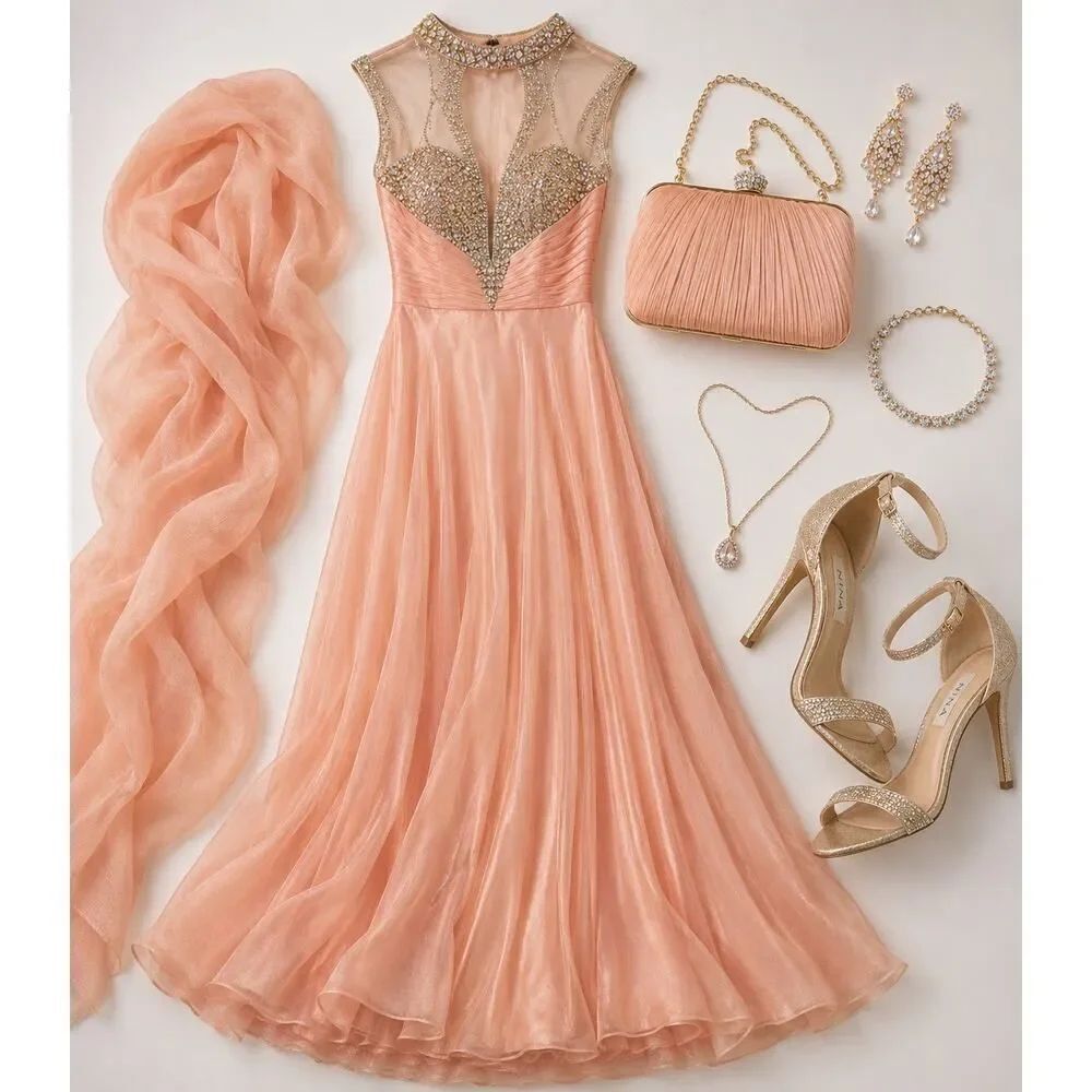 Jovani 98546 Blush Pink Peach Beaded Chiffon Prom Gala Evening Gown NWT Size 2